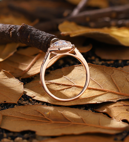 Vintage Hexagon Lab Grown Engagement Ring Rose Gold Antique Rose Lab Grown Ring Unique halo bridal ring Pave Anniversary Ring