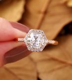 Vintage Hexagon Lab Grown Engagement Ring Rose Gold Antique Rose Lab Grown Ring Unique halo bridal ring Pave Anniversary Ring