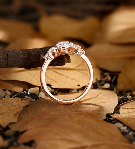 Vintage pear Lab Grown engagement ring Rose gold Antique moonstone five stone Bridal ring Unique anniversary promise wedding ring women