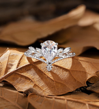 Pear Lab Grown engagement ring set Rose gold Floral leaf design bridal set Vintage round diamond curved wedding band Anniversary ring