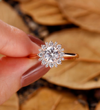 Art Deco Round Lab Grown Engagement Ring Rose Gold Delicate Halo Bridal Ring Unique Starburst Wedding Ring Anniversary Promise Ring