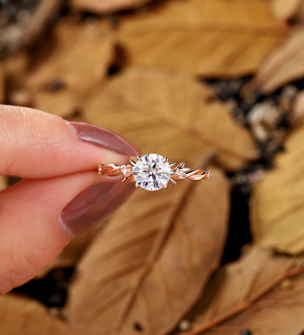 Vintage Round Lab Grown twig engagement ring Nature inspired diamond wedding ring Unique leaf design bridal anniversary promise ring