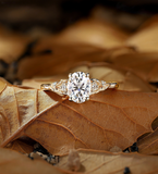 Oval shaped Lab Grown engagement ring set vintage Unique rose gold Bridal set Pear cut diamond Filigree Floral plain gold Wedding ring set
