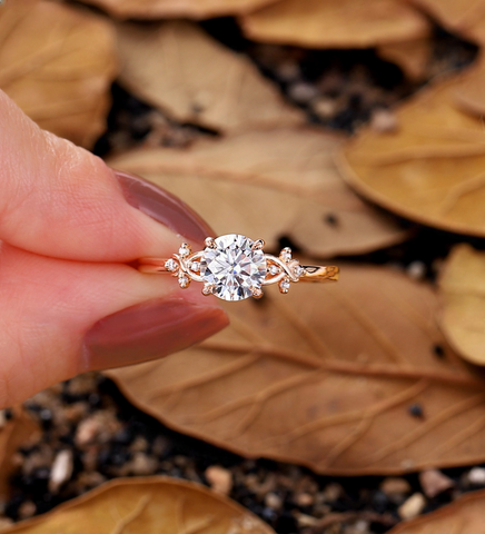 Vintage Round Lab Grown Engagement Ring - Rose Gold Unique Leaf Twist Ring - Diamond Proposal Promise Ring