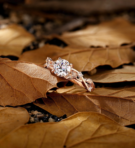 Vintage round Lab Grown engagement ring rose gold branch design bridal ring unique leaf twist wedding ring anniversary promise ring