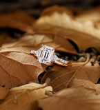 Antique Emerald Lab Grown Engagement Ring Rose gold Vintage Triangle three stone Bridal Ring Unique Pave Anniversary Promise Ring