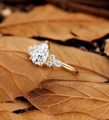 Vintage Pear Moissanite Engagement ring Rose gold leaf design Marquise cluster wedding ring Unique anniversary promise bridal ring