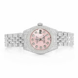PJ R*l*x Womens Moissanite Watch Silver Tone Pink MOP Dial Full Diamond Pave Setting Iced Watch Luxury Jubilee Bracelet Diamond Markers