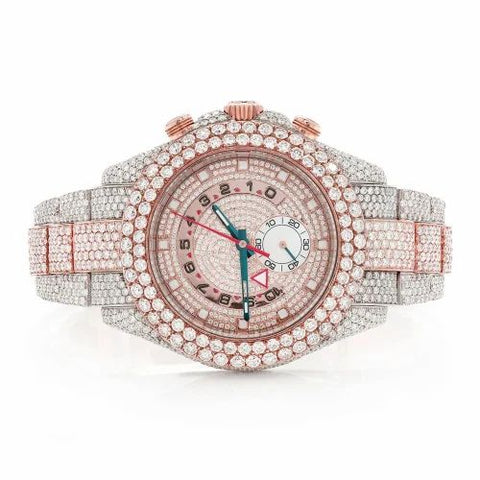 PJ R*l*x Mens Moissanite Watch Two Tone Rose Gold Chronograph Full Diamond Pave Setting Iced Watch Luxury Multi Function Round Case