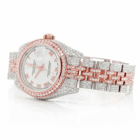 PJ R*L*X Mens Moissanite Watch Two Tone Rose Gold Roman Numerals Full Diamond Pave Setting Iced Watch Luxury Jubilee Bracelet