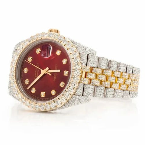 PJ R*L*X  Mens Moissanite Watch Two Tone Yellow Gold Red Dial Diamond Bezel Full Pave Iced Watch Luxury Jubilee Bracelet