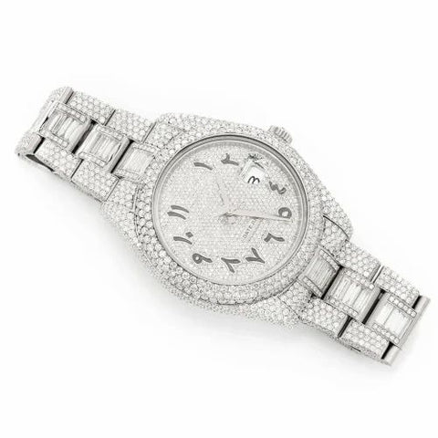 PJ R*L*X  Mens Moissanite Watch Silver Tone Full Diamond Arabic Numerals Baguette Pave Setting Iced Watch Luxury Middle East Style