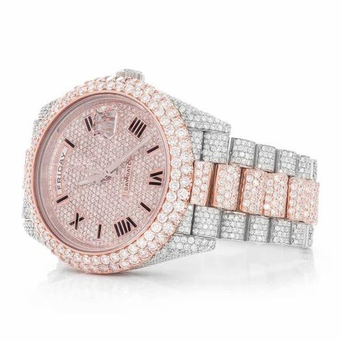 PJ R*L*X   Mens Moissanite Watch Two Tone Rose Gold Full Diamond Pave Setting Day Date Roman Numerals Iced Watch Luxury Presidential Bracelet Monochromatic