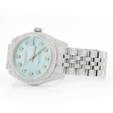 PJ R*L*X  Womens Moissanite Watch Silver Tone Tiffany Blue Dial Diamond Bezel Full Pave Iced Watch Luxury Jubilee Bracelet