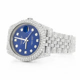 PJ R*l*x Mens Moissanite Watch Silver Tone Blue MOP Dial Full Diamond Pave Setting Iced Watch Luxury Jubilee Bracelet Diamond Markers