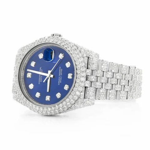 PJ R*l*x Mens Moissanite Watch Silver Tone Blue MOP Dial Full Diamond Pave Setting Iced Watch Luxury Jubilee Bracelet Diamond Markers