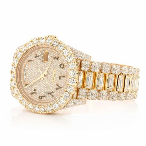 PJ R*L*X  Mens Moissanite Watch Yellow Gold Arabic Numerals Baguette Diamond Day Date Full Pave Setting Iced Watch Luxury Multi Function