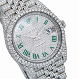 PJ R*L*X  Mens Moissanite Watch Silver Tone Full Diamond Green Roman Numerals Pave Setting Iced Watch Luxury Jubilee Bracelet
