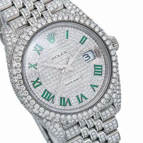 PJ R*L*X  Mens Moissanite Watch Silver Tone Full Diamond Green Roman Numerals Pave Setting Iced Watch Luxury Jubilee Bracelet