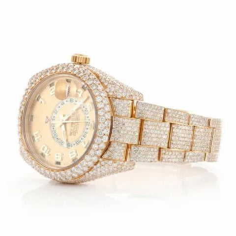 PJ R*L*X  Mens Moissanite Watch Yellow Gold Arabic Numerals GMT 24 Hour Full Diamond Pave Setting Iced Watch Luxury Multi Function