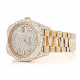 PJ R*L*X Mens Moissanite Watch Yellow Gold Baguette Diamond Day Date Roman Numerals Full Pave Setting Iced Watch Luxury Multi Function