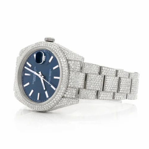 PJ R*L*X  Mens Moissanite Watch Silver Tone Full Diamond Blue Dial Pave Setting Iced Watch Luxury Stainless Steel Monochromatic