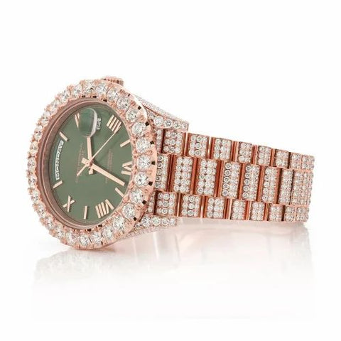 PJ R*l*x Mens Moissanite Watch Rose Gold Green Dial Full Diamond Pave Setting Day Date Roman Numerals Iced Watch Luxury Monochromatic