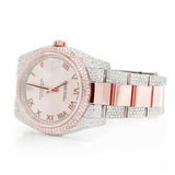 PJ R*L*X    Mens Moissanite Watch Two Tone Rose Gold Full Diamond Pave Setting Roman Numerals Iced Watch Luxury Stainless Steel