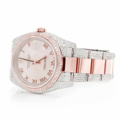 PJ R*L*X    Mens Moissanite Watch Two Tone Rose Gold Full Diamond Pave Setting Roman Numerals Iced Watch Luxury Stainless Steel