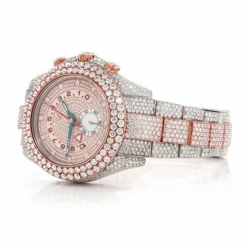 PJ R*l*x Mens Moissanite Watch Two Tone Rose Gold Chronograph Full Diamond Pave Setting Iced Watch Luxury Multi Function Round Case
