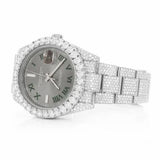 PJ R*L*X Mens Moissanite Watch Silver Tone Full Diamond Gray Dial Green Roman Numerals Pave Setting Iced Watch Luxury Angular Design