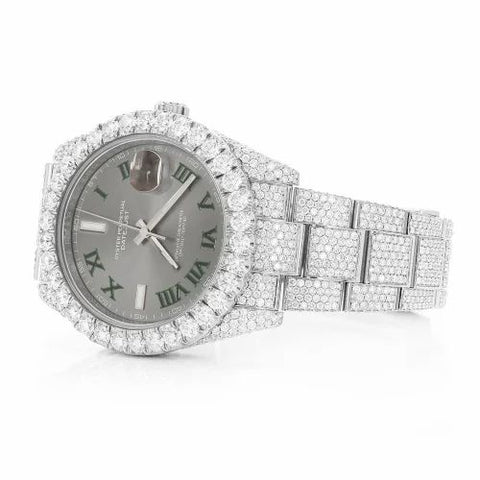 PJ R*L*X Mens Moissanite Watch Silver Tone Full Diamond Gray Dial Green Roman Numerals Pave Setting Iced Watch Luxury Angular Design