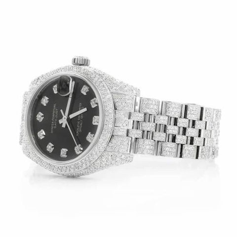 PJ R*L*X Mens Moissanite Watch Silver Tone Full Diamond Black Dial Pave Setting Iced Watch Luxury Jubilee Bracelet Diamond Markers