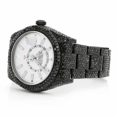 PJ R*L*X  Mens Moissanite Watch Black Iced Out GMT 24 Hour Full Diamond Pave White Dial Iced Watch Luxury Multi Function