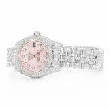 PJ R*l*x Womens Moissanite Watch Silver Tone Pink MOP Dial Full Diamond Pave Setting Iced Watch Luxury Jubilee Bracelet Diamond Markers
