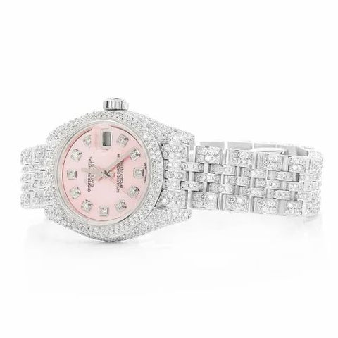 PJ R*l*x Womens Moissanite Watch Silver Tone Pink MOP Dial Full Diamond Pave Setting Iced Watch Luxury Jubilee Bracelet Diamond Markers