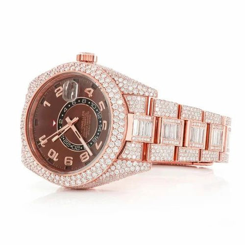PJ R*L*X  Mens Moissanite Watch Rose Gold Brown Dial Baguette Diamond GMT 24 Hour Full Pave Setting Iced Watch Luxury Multi Function