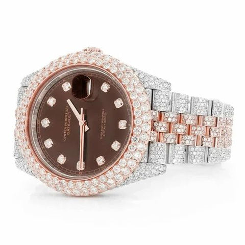 PJ R*L*X  Mens Moissanite Watch Two Tone Rose Gold Chocolate Dial Full Diamond Pave Setting Iced Watch Luxury Jubilee Bracelet