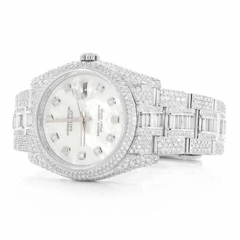 PJ R*l*x Mens Moissanite Watch Mother of Pearl Dial Baguette Diamond Full Pave Custom Logo Wholesale Private Label Iced Watch Luxury