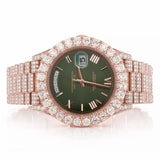 PJ R*l*x Mens Moissanite Watch Rose Gold Green Dial Full Diamond Pave Setting Day Date Roman Numerals Iced Watch Luxury Monochromatic