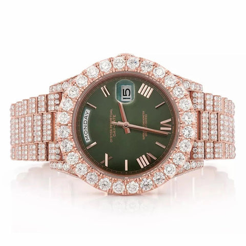 PJ R*l*x Mens Moissanite Watch Rose Gold Green Dial Full Diamond Pave Setting Day Date Roman Numerals Iced Watch Luxury Monochromatic