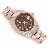 PJ R*L*X  Mens Moissanite Watch Rose Gold Brown Dial Baguette Diamond GMT 24 Hour Full Pave Setting Iced Watch Luxury Multi Function