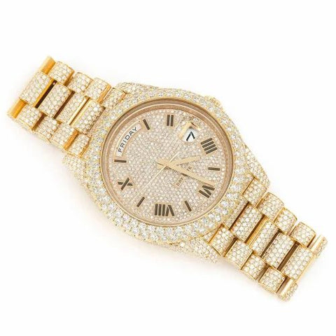 PJ R*l*x Mens Moissanite Watch Yellow Gold Full Diamond Pave Setting Day Date Roman Numerals Iced Watch Luxury Presidential Bracelet Monochromatic