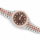 PJ R*L*X  Mens Moissanite Watch Two Tone Rose Gold Chocolate Dial Full Diamond Pave Setting Iced Watch Luxury Jubilee Bracelet