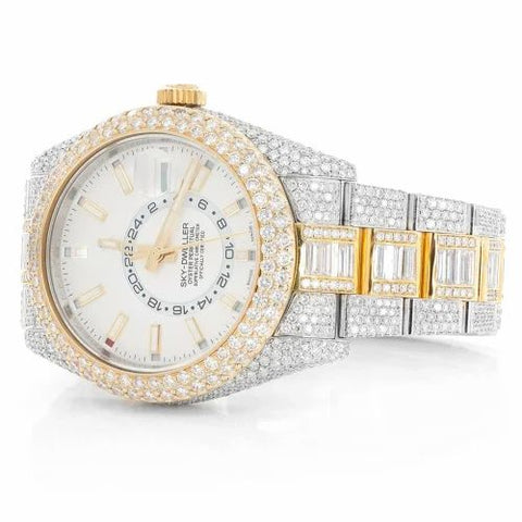 PJ R*L*X  Mens Moissanite Watch Two Tone Gold Silver Baguette Diamond GMT 24 Hour Full Pave Setting Iced Watch Luxury Multi Function