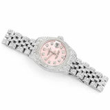 PJ R*l*x Womens Moissanite Watch Silver Tone Pink MOP Dial Full Diamond Pave Setting Iced Watch Luxury Jubilee Bracelet Diamond Markers