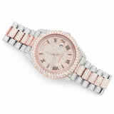 PJ R*L*X   Mens Moissanite Watch Two Tone Rose Gold Full Diamond Pave Setting Day Date Roman Numerals Iced Watch Luxury Presidential Bracelet Monochromatic