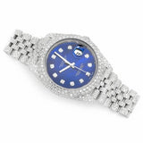 PJ R*l*x Mens Moissanite Watch Silver Tone Blue MOP Dial Full Diamond Pave Setting Iced Watch Luxury Jubilee Bracelet Diamond Markers