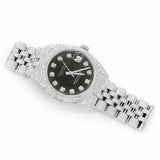 PJ R*L*X Mens Moissanite Watch Silver Tone Full Diamond Black Dial Pave Setting Iced Watch Luxury Jubilee Bracelet Diamond Markers