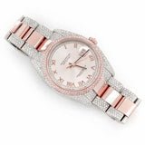 PJ R*L*X    Mens Moissanite Watch Two Tone Rose Gold Full Diamond Pave Setting Roman Numerals Iced Watch Luxury Stainless Steel